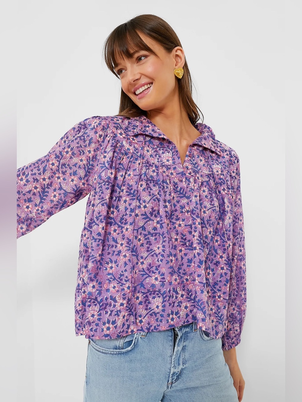 EMERSON FRY India Collection Violet Wildflower Organic Emmaline Blouse Cotton XS